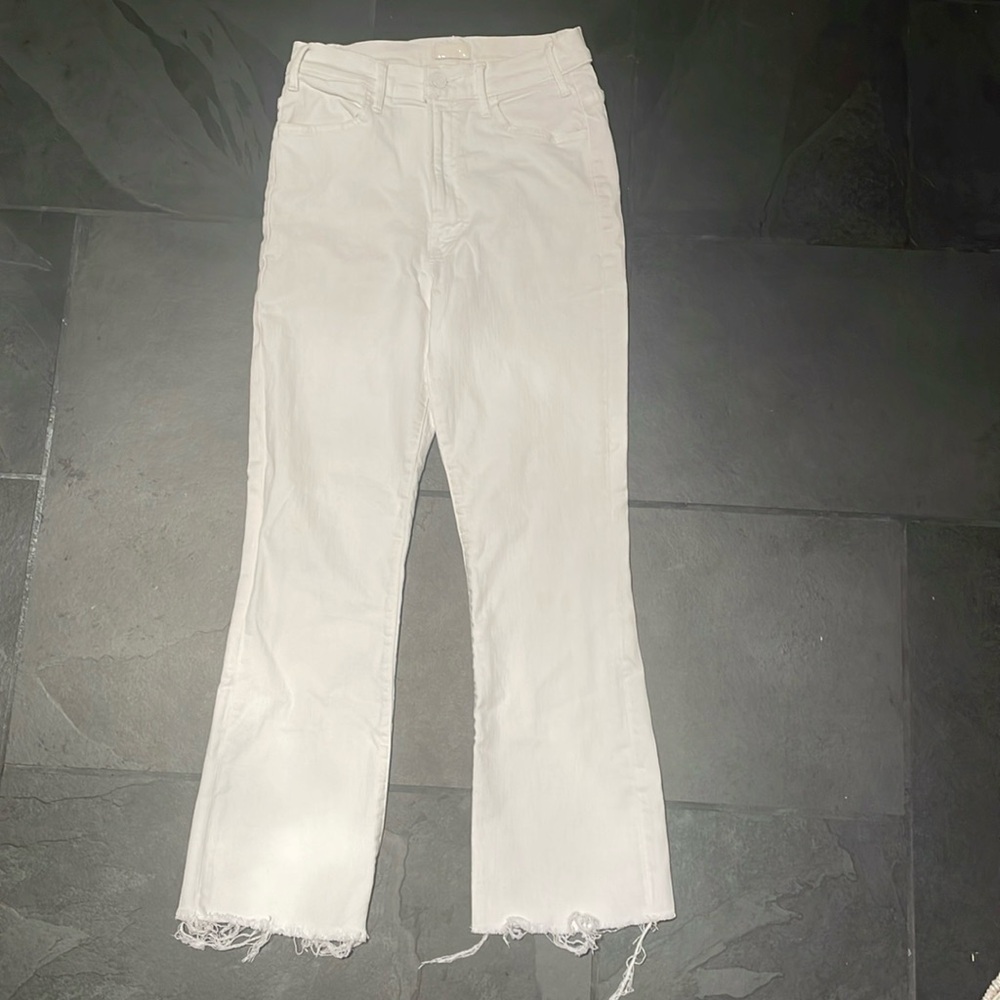 White MOTHER Jeans - The Hustler Ankle Fray